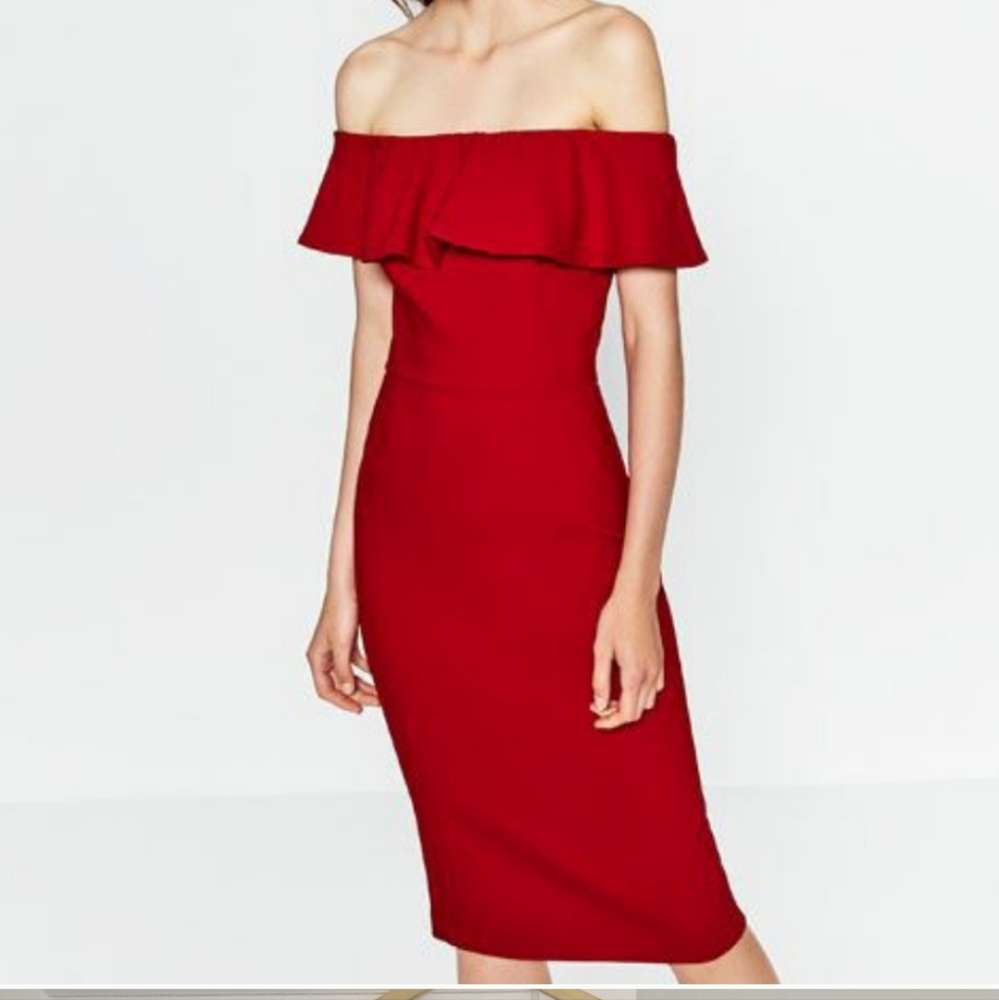 Zara Red Off the Shoulder Dress